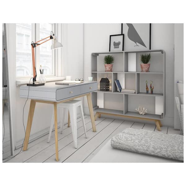 REN HOME - THE ART OF SCANDINAVIAN DESIGN Leva, 19.5 in W, Rectangular, Gray, MDF, 2 Drawer Desk with Wood Grain Legs