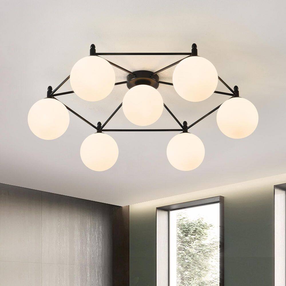 Farmhouse 7-Light Black Sputnik Hexagon Semi-Flush Mount Ceiling Light with Opal Glass Shades price history on PriceWatchPro