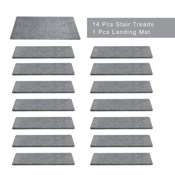 Gray 9.5 in. x 30 in. x 1.2 in. Bullnose Polypropylene Non-slip Carpet Stair Treads Cover With Landing Mat (Set of 15)