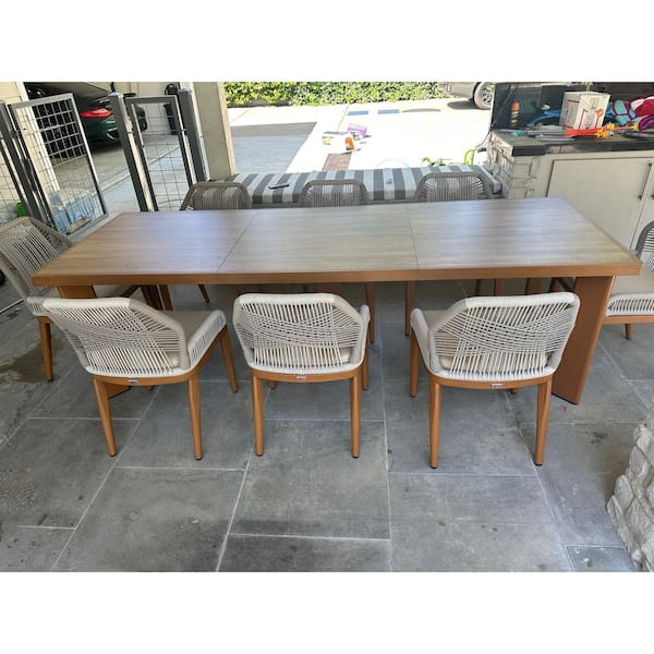 9-Piece Aluminum Outdoor Dining Set Teak Patio Furniture Set Wicker Table and Chairs with Cushions
