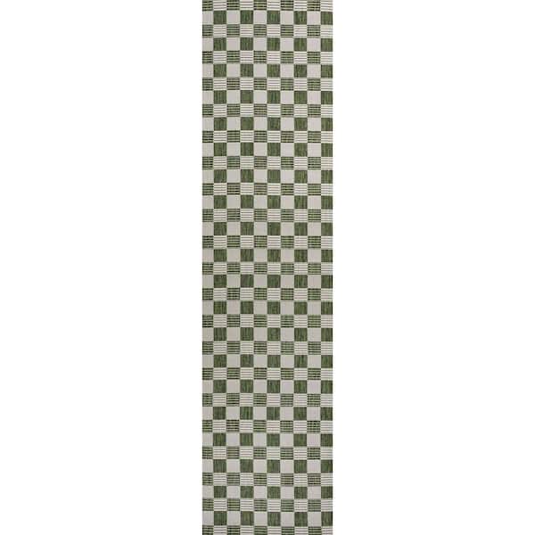 Aimee Green/Cream 2 ft. x 8 ft. Traditional Cottage Checkerboard Indoor/Outdoor Runner Rug
