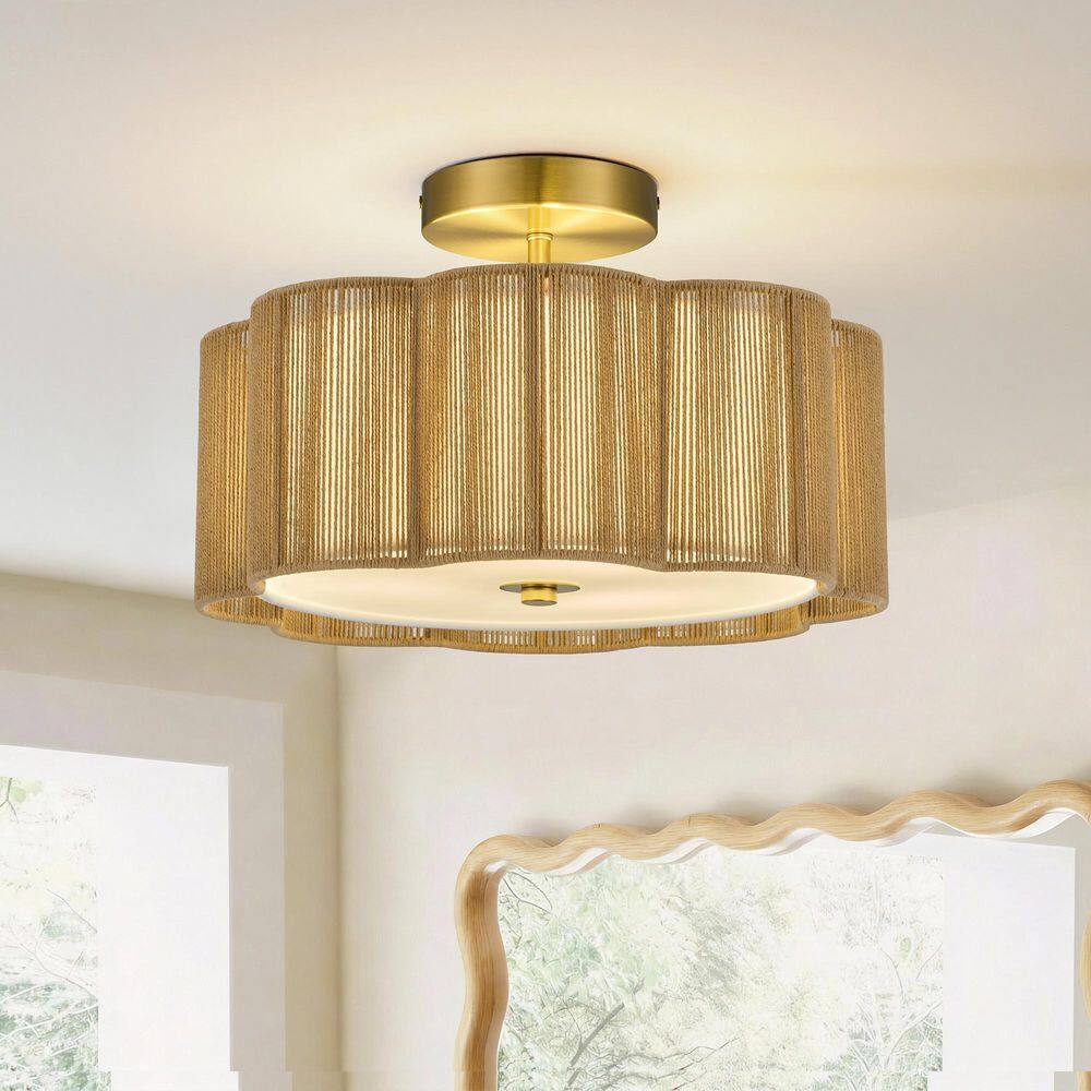 13 in. 3-Light Brushed Brass Rattan Semi-Flush Mount Ceiling Light with Petal Shade price history on PriceWatchPro
