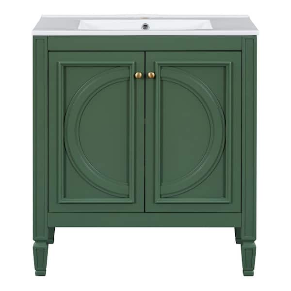 30 in. Single Sink Freestanding Green Bath Vanity with White Ceramic Top, Rubber Wood and Gold Knobs