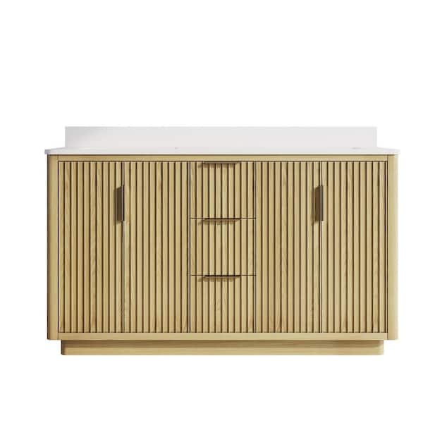 ANGELES HOME 60 in. W x 22 in. D x 35 in. H Freestanding Bath Vanity in Oak with White Quartz Top