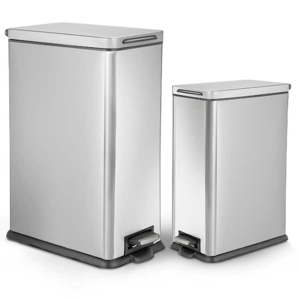 Home Zone Living 7.9 Gal. and 2.5 Gal. Stainless Steel Step-On Kitchen Household Trash Can Combo Value Set with Soft Close Lid