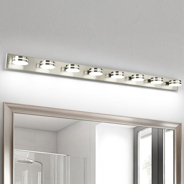 63 in. 8-Light Nickel LED Bathroom Vanity-Light with Dimmable 5500K and 270° Swivel Range Acrylic Lampshade