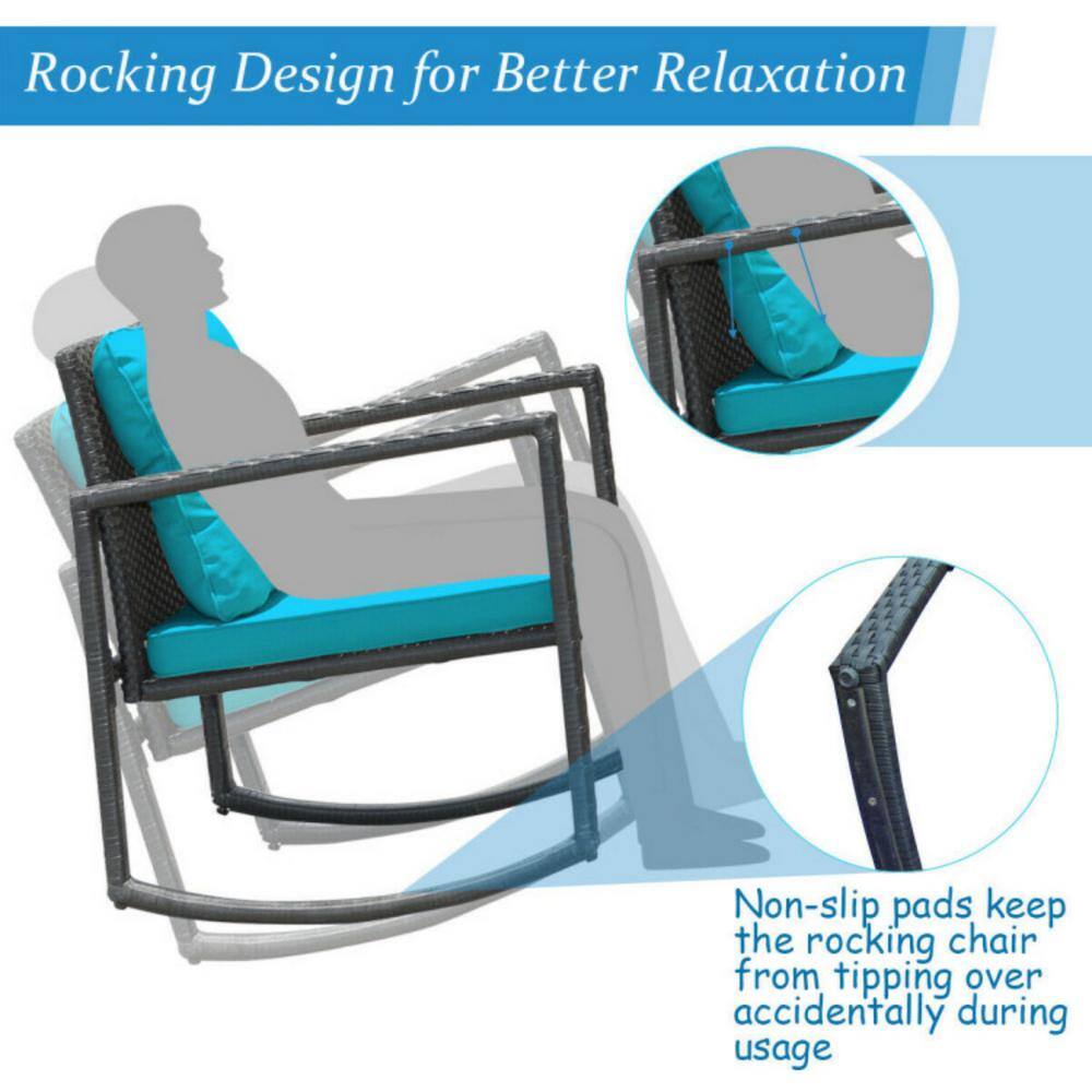 Blue Cushioned Wicker Rocking Chair Set with Glass Table
