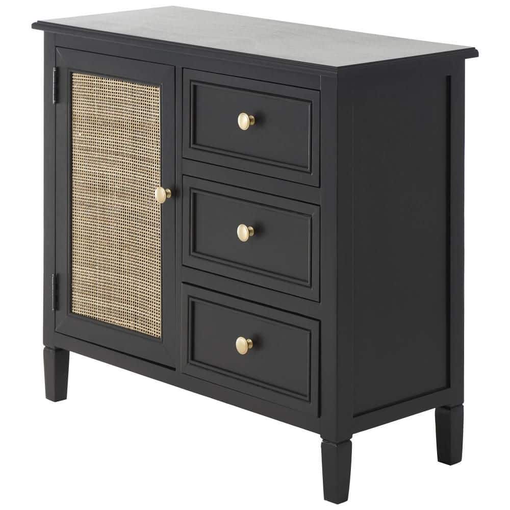 Three-quarter view of Litton Lane black wood cabinet with rattan front door and three drawers.