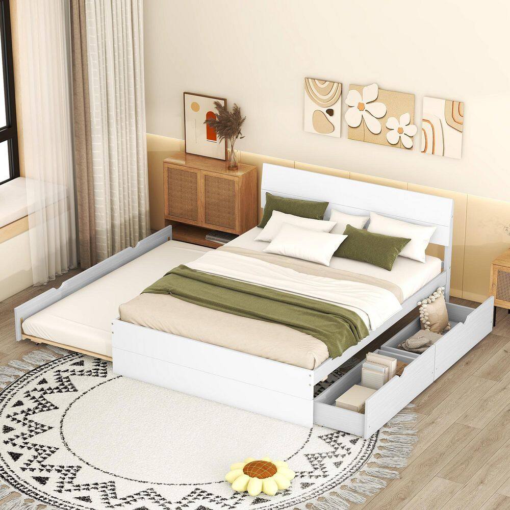 White High Gloss and Washed White Bed Frame Modern Full Size Platform Bed Frame with Twin Size Trundle and 2 Drawers price history on PriceWatchPro
