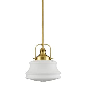 60 Watt 1 Light Gold Finished Shaded Pendant Light with Milk glass Glass Shade and No Bulbs Included