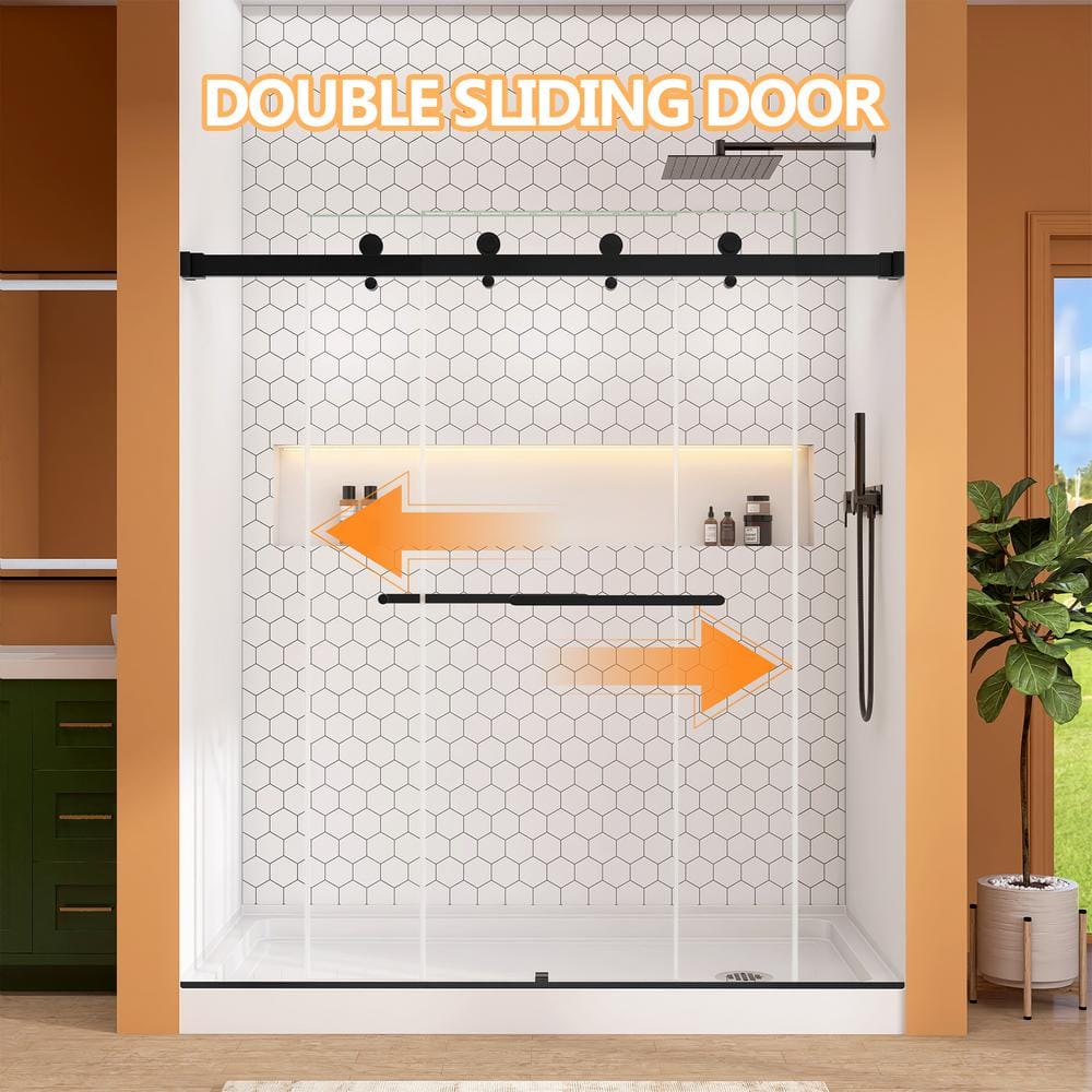 60-Inch Matte Black Frameless Sliding Shower Door with Clear Glass