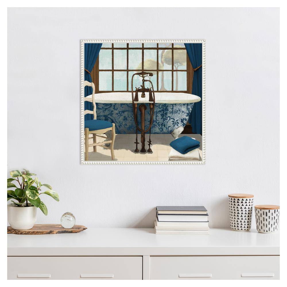 Blue and White Framed Canvas Wall Art with Bathtub Scene