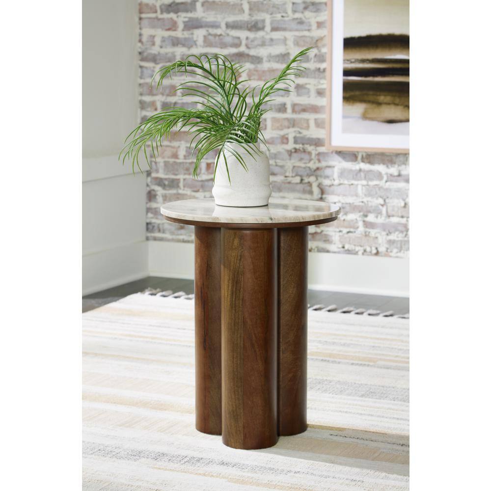 Beige Marble Top Round Wood Accent Table