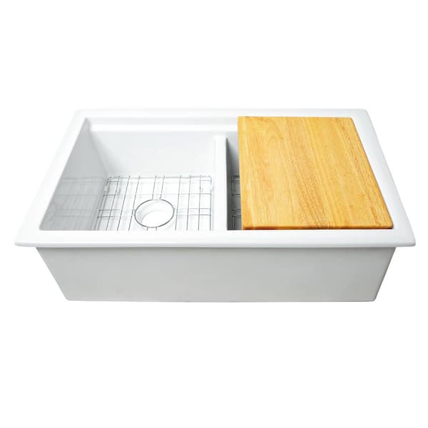 Eden 32 in. Undermount Double Bowl Crisp White Fireclay Workstation Kitchen Sink with Cutting Board and Bottom Grid