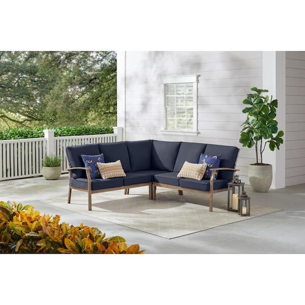 Hampton Bay Beachside Rope Look Wicker Outdoor Patio Sectional Sofa Seating Set with CushionGuard Midnight Navy Blue Cushions