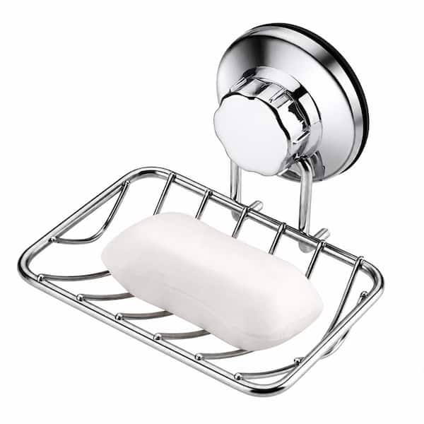 Vacuum Suction Cup Rustproof Stainless Steel Self-Draining Soap Dish Sponge Holder for Shower Chrome