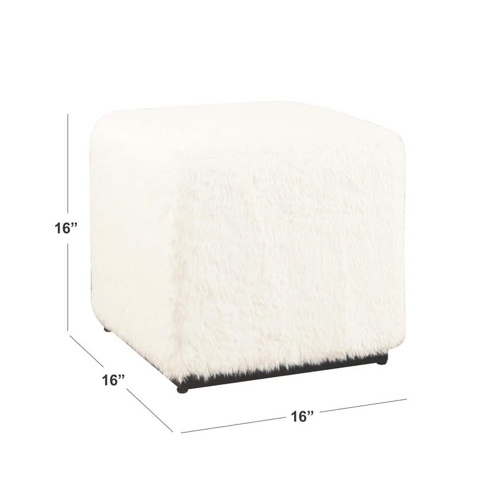 White Faux Fur Cube Ottoman with Metal Base