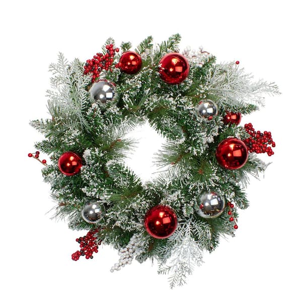 Northlight 24 in. x 6 in. Unlit Flocked Mixed Pine Wreath with Ornaments and Berries Artificial Christmas