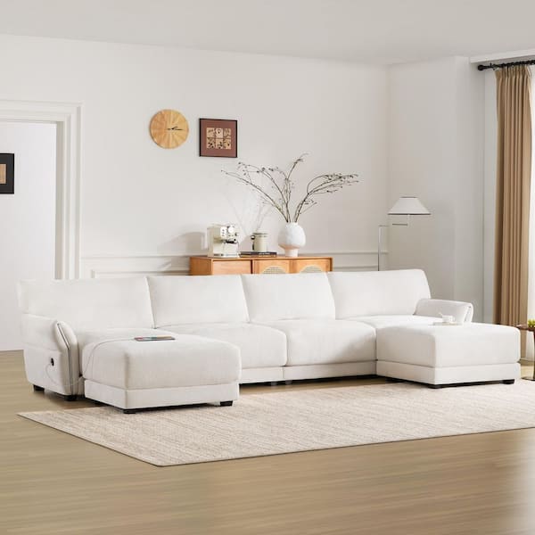 Extra-Wide Chenille 6-Seat L-Shape Modular Sectional Sofa in White with USB and Type-C Charger, Free Movement Ottoman