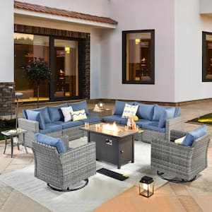 Daffodil L Gray 11-Piece Wicker Patio Fire Pit Conversation Sofa Set with Swivel Rocking Chairs and Denim Blue Cushions