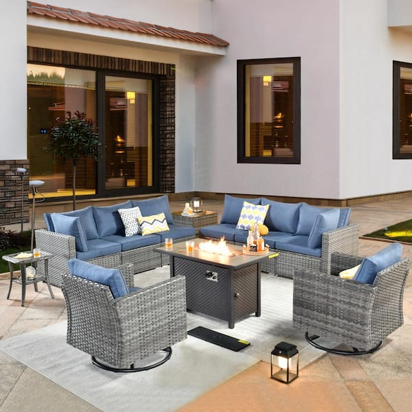 weaxty W Daffodil L Gray 11-Piece Wicker Patio Fire Pit Conversation Sofa Set with Swivel Rocking Chairs and Denim Blue Cushions
