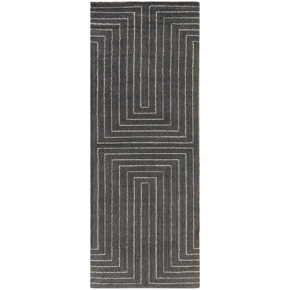 Charcoal and Cream Geometric Polyester Runner Rug, 2'7" x 7'