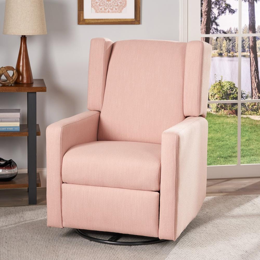 Blush and Black Fabric Swivel Recliner with Metal Frame