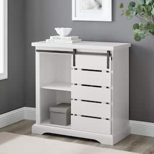 White Wood Farmhouse Slatted Sliding Door Accent Cabinet with Adjustable Shelf