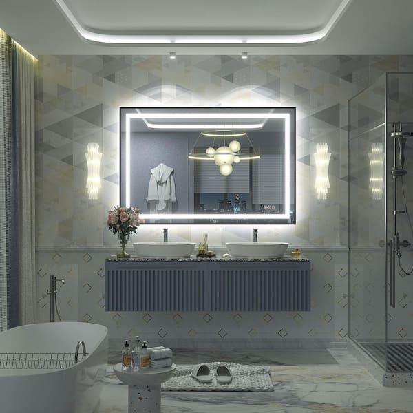 48 in. W x 32 in. H Rectangular Framed Front and Back LED Lighted Anti-Fog Wall Bathroom Vanity Mirror in Tempered Glass