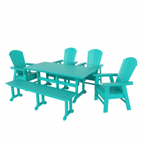 Altura Outdoor Patio Weather Resistant 6-Piece HDPE Plastic Turquoise Rectangle Adirondack Dining Set With Bench