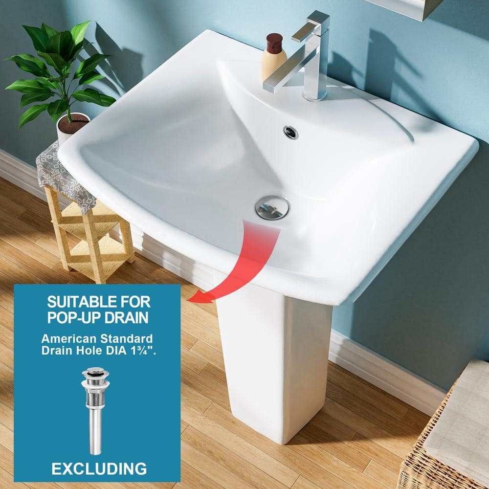 24" White Vitreous China Rectangular Pedestal Bathroom Sink