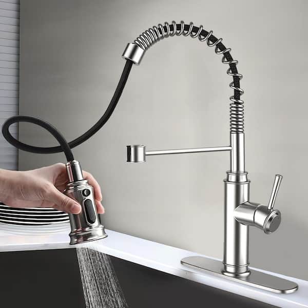 Single Handle Pull Down Sprayer Kitchen Faucet with Deckplate Included in Brushed Nickel