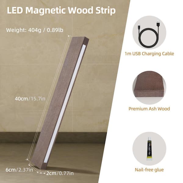 16 in. Ash Wood Magnetic Knife Strip Dark Brown Wall Mount with LED Lighted Double Backlit Nail-Free Installation