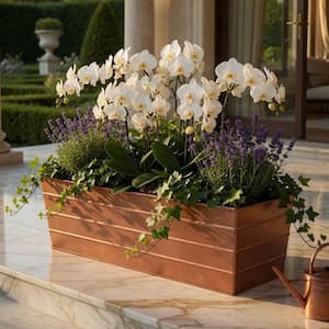 11.5 in. L x 35.5 in. W x 9.3 in. H Rectangular Copper Metal Flower Planter Box with Embossed Line Design