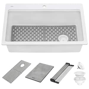 epiStage Matte White Granite Composite 33 in. Single Bowl Drop-In Workstation Kitchen Sink