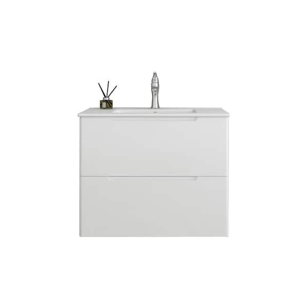 VC CUCINE 30 in. W x 18. in D. x 24 in. H Floating Bathroom Vanity in White with White Ceramic Top