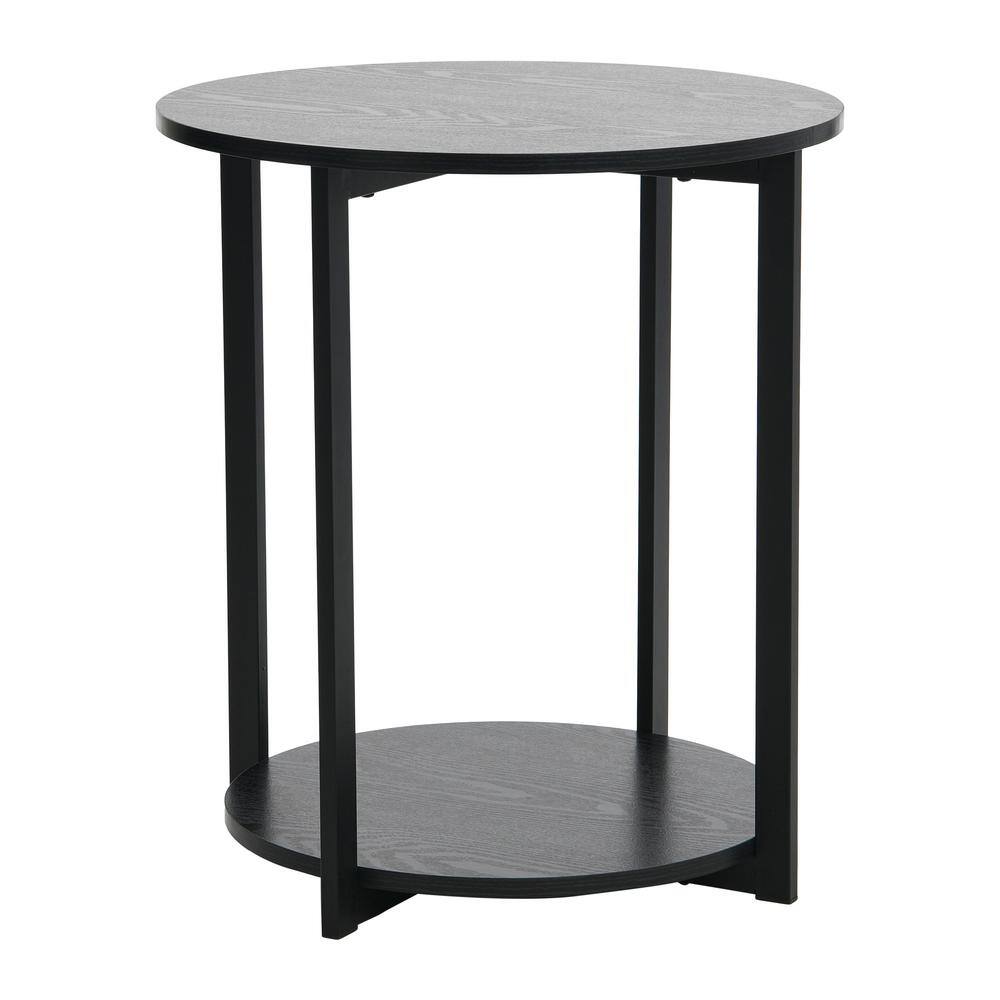 Black Oak and Steel Round End Table with Shelf