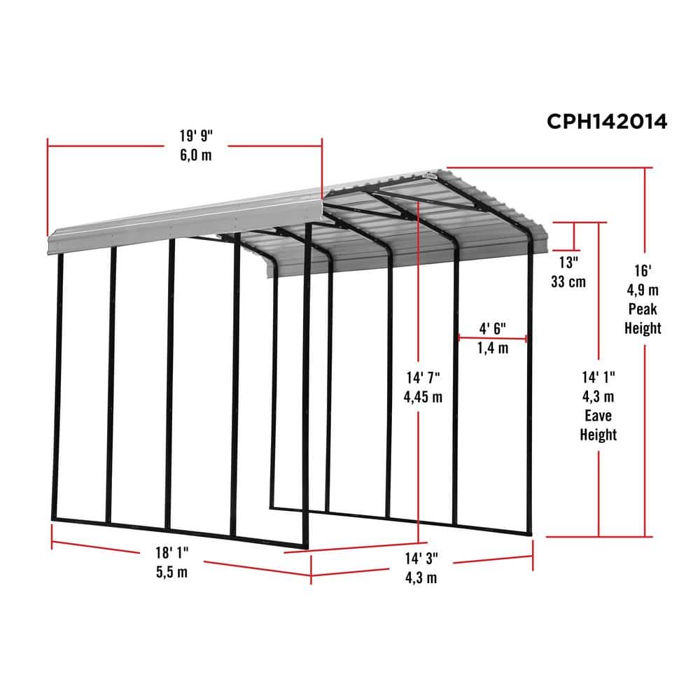 Eggshell Galvanized Steel Peak Carport Kit, 14' x 20' x 14'