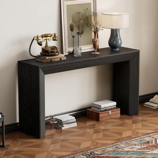 Harper & Bright Designs Elegant 59 in. Black Rectangle Wood Console Table with Solid Wood Veneer Top, Fireplace Design