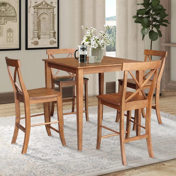 International Concepts 5-Piece Dining Set with 36 inch Round Extension Table and 4 Counter Height Stools, Hickory/Washed Coal