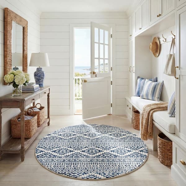 Tulum 10 ft. x 10 ft. Round Ivory/Navy Striped Tribal Geometric Area Rug
