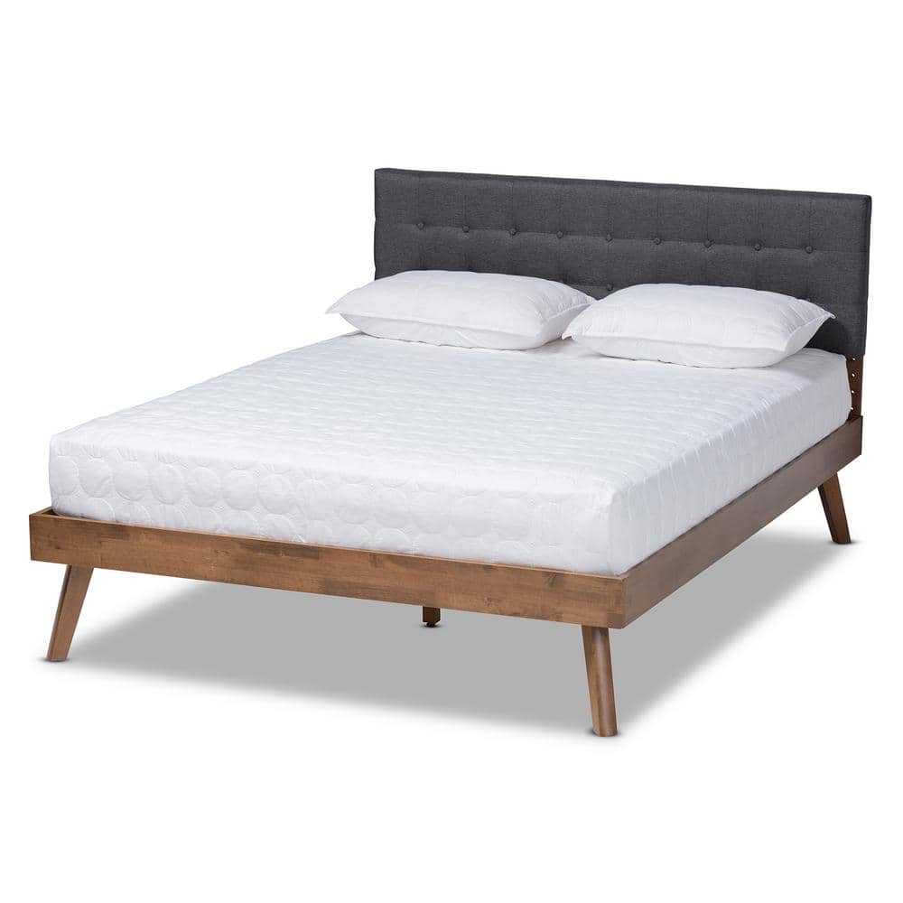 Devan King-Sized Walnut Wood & Grey Upholstered Tufted Bed