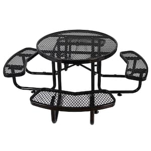 46 in. Black Round Outdoor Steel Picnic Table with Umbrella Pole