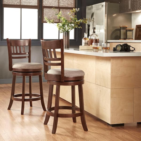 37.8 in. Gray Linen Lattice Back Swivel Counter Height Stool