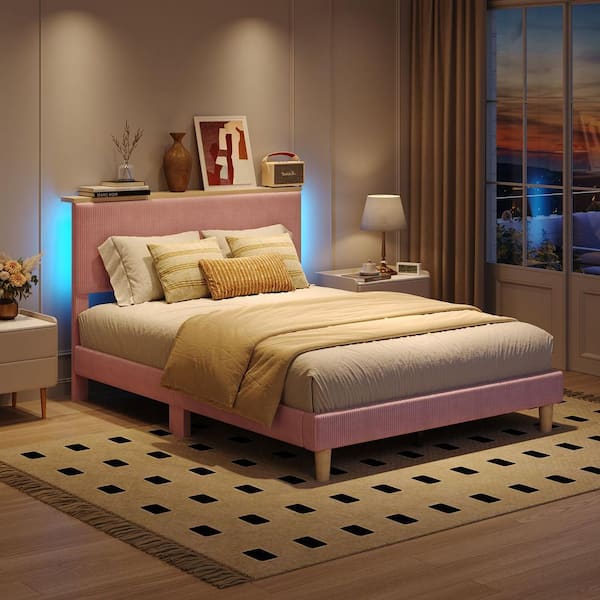 Bestier Pink Wood Frame Queen Velvet Upholstered Platform Bed Frame with Storage Headboard and LED Lights