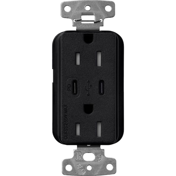 Claro 15 Amp Tamper Resistant USB Type C Duplex Receptacle, Decorator Style Outlet, Satin Finish, SCR-15-CCTR-MN, Black
