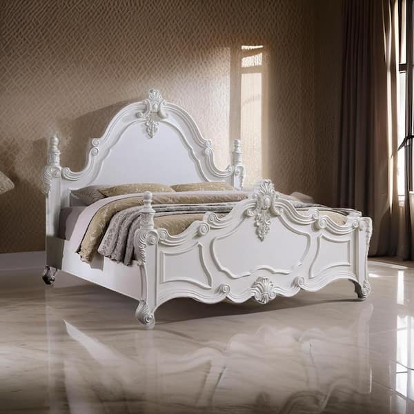 Frank White Wood Frame Queen Size Panel Bed with Carved Details and Finial Posts