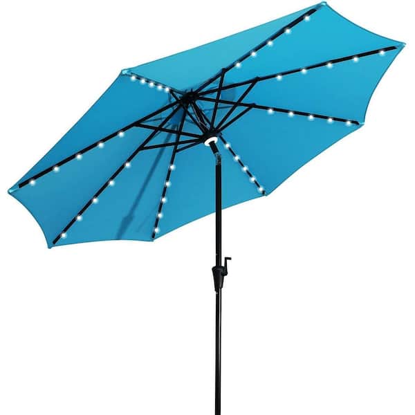 Siavonce 9 ft. Market Outdoor Aluminum Table Umbrella with Solar LED Led lights and Push Button Tilt in Blue