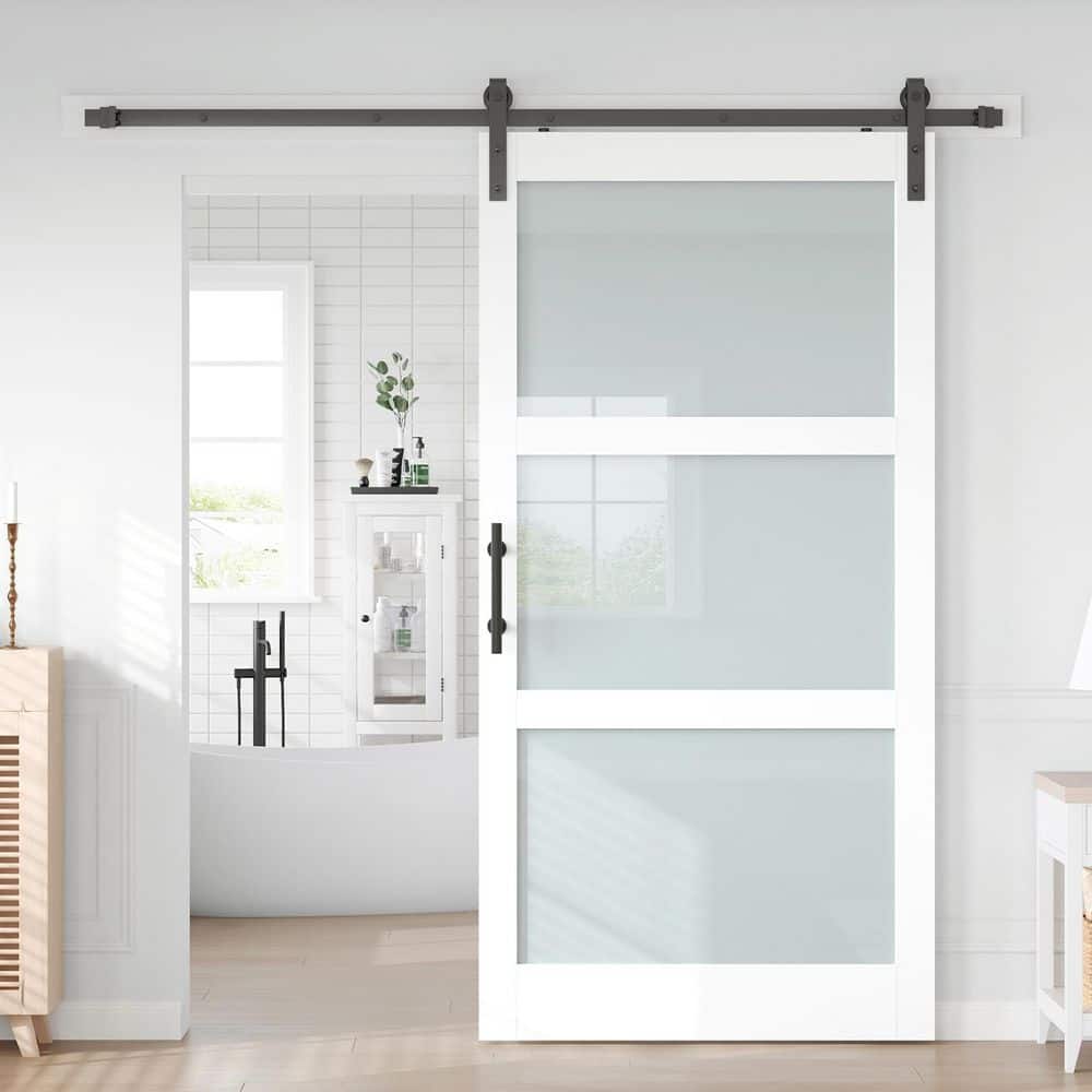 42 in. x 84 in. 3-Lite Frosted Glass White Finished MDF Core Sliding Barn Door with Hardware Kit price history on PriceWatchPro