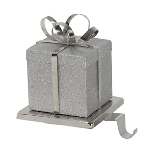 6 in. Silver Glittered Gift Box Shaped Christmas Stocking Holder